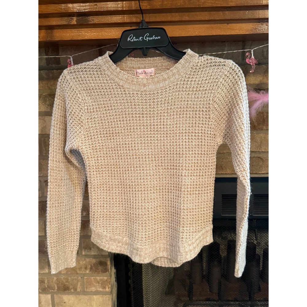 Pink Angel Girls Tan Beige Open Knit Crew Neck Sweater Size M 10/12 High Low Hem - Picture 5 of 6